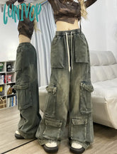 Lunivop Women’s Blue Cargo Jeans Baggy Harajuku Y2K 90S Aesthetic Oversize Denim Trousers Korean